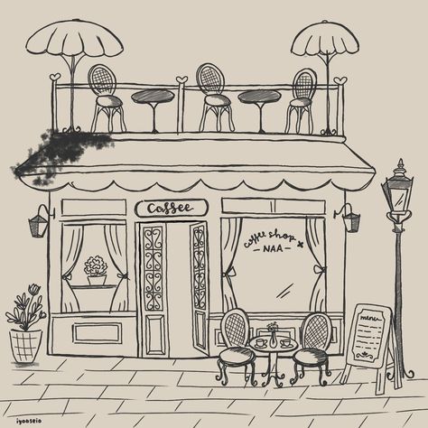 coret coret, ibispaintx, coffee shop sketch, coffee shop Bakery Drawing Cute, Cafe Drawing Aesthetic, Town Drawing Simple, Café Drawing, Building Sketches Simple, Flower Shop Drawing, Simple Architecture Drawing, Architecture Sketch Simple, Coffee Shop Drawing