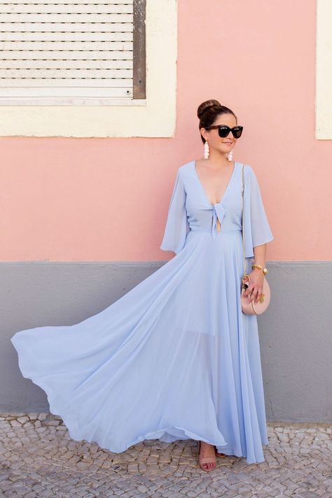 Blue Tie Front Maxi Dress | Lisbon, Portugal Blue Maxi Dress Outfit, Blue Maxi Dresses, Light Blue Maxi Dress, Bridesmaid Blue, Ideas For Makeup, Edgy Fashion Chic, Makeup Bridesmaid, Lake Style, Dress Code Wedding