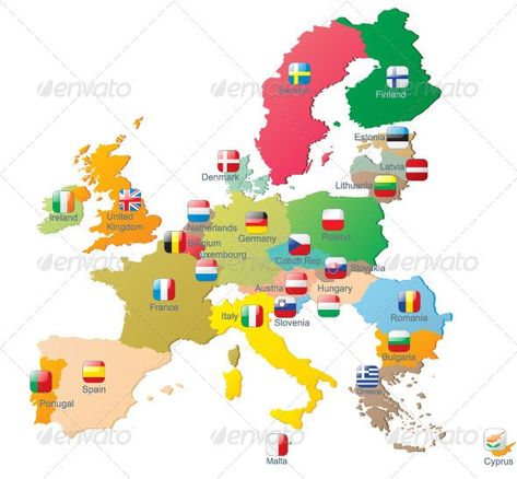 The European Union Map with Flags by mart_m | GraphicRiver Lithuania Map, Maps Of Europe, European Union Flag, Finland Flag, Europe Train Travel, Europe Train, European Map, Union Flag, Italy Flag