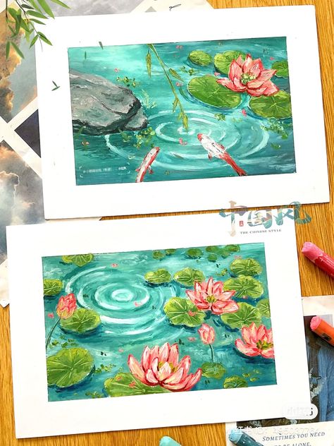 Pastel Painting Ideas Acrylics, Gouche Painting Ideas Studio Ghibli, Koi Fish Gouache, Gouche Painting Gibli, Studio Ghibli Art Gouache, Gauche Painting, Koi Fish In Pond Painting, Oil Pastel Paintings, Posca Art