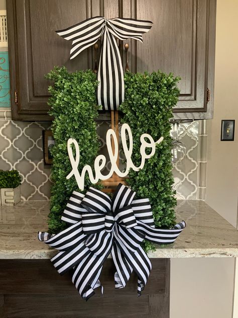 Wreath Making Tutorials, Monogram Box, Halloween Door Wreaths, Easy Diy Wreaths, Wood Wreath, Black And White Ribbon, Boxwood Wreath, Artificial Boxwood, Blue Wreath