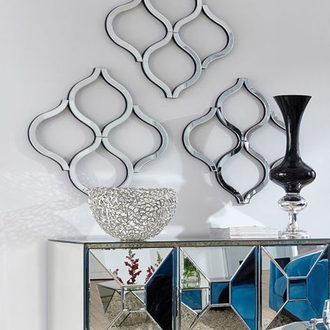 The Lattice Mirror is a dazzling piece of curved, geometric shaped mirrored functional art. The piece is made up of a network of interlocking mirrored curvy shapes creating a lovely open work, lattice design. On its own or in multiples, the Lattice Mirror is a perfect accent piece for an entryway, bathroom, bedroom or any room in your home. Each mirrored panel on this piece has a small bevel adding to its beauty and style. Lattice Wall, Mirrored Wall, Entryway Bathroom, Mirror Shapes, Retro Interior, Lattice Design, Boho Chic Furniture, Framed Mirror Wall, Mirror Wall Art