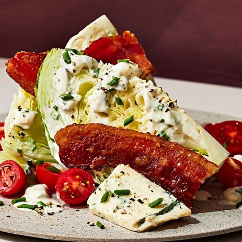 4 Steakhouse Salad Recipes That Outshine the Filet Mignon — FOOD & WINE Food And Wine Wedge Salad, Small Wedge Salad, Gorgonzola Dressing, Wedge Salad Recipes, Dressing Food, Bacon Crisps, Wedge Salad, Cheese Wedge, Dream Food