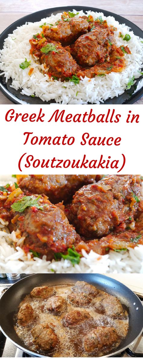 Spicy Greek Meatballs in Tomato sauce (Soutzoukakia) Tomato Sauce Meals, Keftedes In Tomato Sauce, Greek Meatballs In Tomato Sauce, Greek Rice With Tomato Sauce, Soutzoukakia Recipe, Greek Food, Spicy Meatballs, Greek Meatballs, Greek Cooking