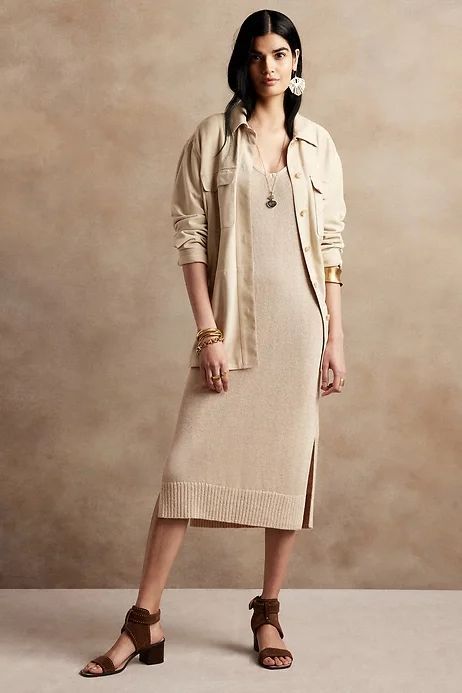 Black, white, beige, and stunning. @bananarepublic #ad Neutral Wardrobe, Midi Sweater Skirt, Spring Business Casual, Utility Skirt, Petite Sweaters, Cotton Midi Skirt, Lace Pencil Skirt, Skirts Midi High Waisted, Column Dress