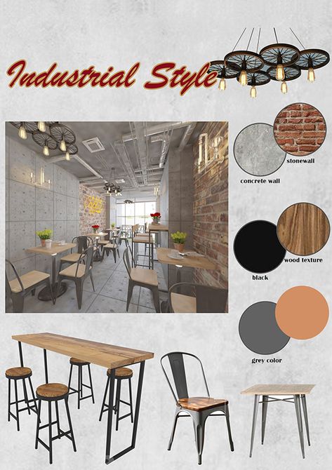 industrial style moodboard Industrial Modern Restaurant Design, Industrial Cafe Design Interiors, Industrial Restaurant Design Interiors, Industrial Cafe Interior Design Rustic, Industrial Style Restaurant Design, Modern Industrial Restaurant Design, Coffee Shop Industrial Design, Industrial Restaurant Design Rustic, Rustic Restaurant Interior Design Ideas