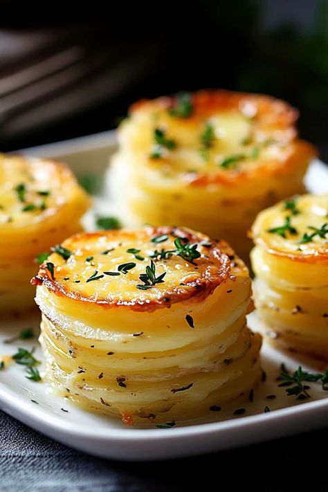 A plate of Mini Stacked Potato Gratins With Cheese, garnished with fresh thyme, displaying the beautifully golden, crisp tops and perfectly stacked potato layers. Potato Stacks Recipes, Mashed Potato Bites, Cheesy Bites, Green Bean Casserole Crock Pot, Cheesy Ranch Potatoes, Creamy Mashed Cauliflower, Delicious Side Dishes, Simply Potatoes, Potato Stacks