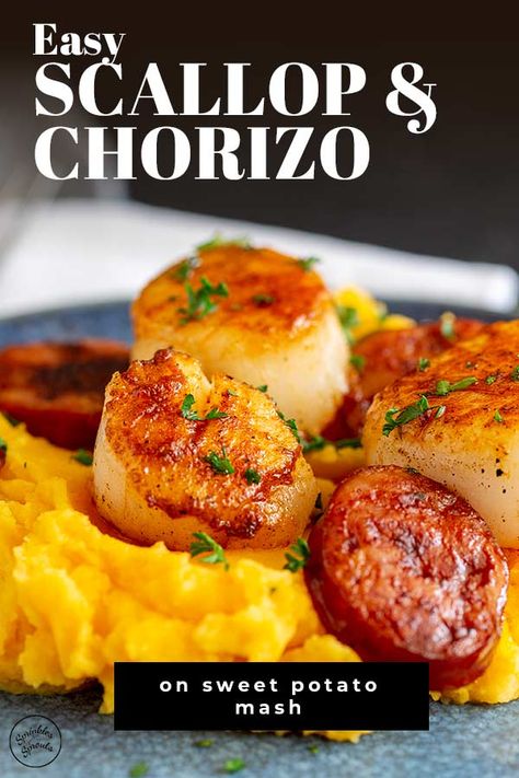 Scallops And Chorizo, Quiche Chorizo, Pan Fried Scallops, Fried Scallops, Sprouts Recipes, Fish Dinners, Sweet Potato Mash, Chorizo Recipes, Pan Seared Scallops