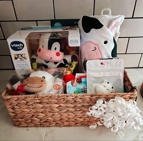 Cow Basket Ideas, Cow Themed Gift Basket, Baby Niece Gifts, Vtech Baby, Baby Basket, Baby Niece, Western Baby, Birthday Basket, Western Babies