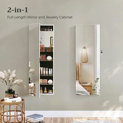 Full Wall Mirror Ideas Bedroom, Long Mirror In Bedroom, Cupboard With Mirror, Full Length Mirror With Storage, Full Length Mirror In Bedroom, Full Length Mirror Cabinet, Mirror Shelves, Jewelry Storage Cabinet, Wall Mirrors With Storage