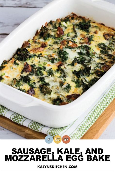 You can use any sausage or greens you prefer for this tasty Sausage, Kale, and Mozzarella Egg Bake that's perfect for a special breakfast. [found on KalynsKitchen.com] #SausageEggBake #EggBake Sausage Egg Bake, Mushroom And Cheese, Kale Mushroom, Sausage Kale, Chopped Kale, Cheese Breakfast, Egg Bake, Baking Powder Uses, Cheap Healthy Meals