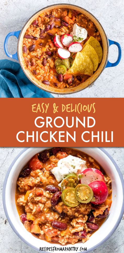 You are going to LOVE this delicious Ground Chicken Chili recipe! Flavorful and satisfying, this ground chicken chili is quick and easy to make using everyday pantry staples. Perfect for busy weeknight dinners, weekly meal prep, or game day noshing. Simply double or even triple whenever you need to feed a crowd. Click through to get this awesome grouncdchicken chili recipe!! #chicken #groundchickenchili #groundchickenchilirecipe #chickenchili #easychickenchili #chilirecipe #comfortfood Chili Recipe Ground Chicken, Chili Made With Chicken, Ground Chicken Ideas For Dinner, Ground Chicken Slow Cooker, Ground Chicken Crock Pot Recipes, Crockpot Recipes Ground Chicken, Chili Recipe Crockpot Chicken, Ground Chicken Recipes Soup, Easy Recipes With Ground Chicken