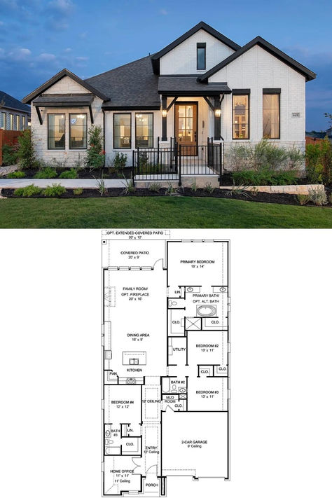 4-Bedroom Single Family Home with Covered Patio and Double Garage (2,373 Sq. Ft. Floor Plan) Mansion Floor Plan, Wrap Around Porch, Floor Layout, Double Garage, 4 Bedroom House, Small House Plans, In Law Suite, Single Family Home, Open Floor