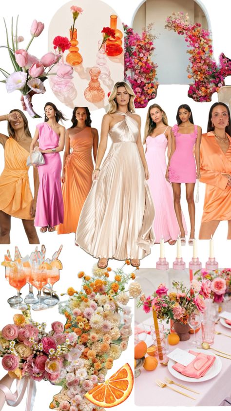 Red Pink Orange Wedding Bridesmaid Dresses, Pink And Orange Bridesmaid Dresses, Pink Orange Yellow Wedding, Pink And Orange Wedding Theme, Sunset Bridesmaid Dresses, Pink And Orange Wedding, Orange Wedding Themes, Orange And Pink Wedding, Orange Bridesmaid