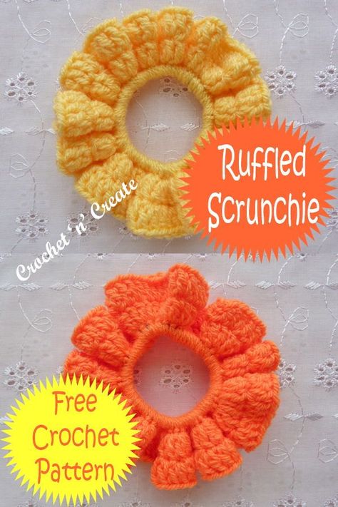 Curly Cue Crochet Free Pattern, Scrunchie Pattern Crochet, Crocheted Hair Scrunchies, Scrunchie Crochet Free Pattern, Crochet Hair Elastics, Crochet Sunflower Hair Tie, Crochet Scrunchie Pattern Free Hair Ties, Scrunches For Hair, Crochet Crunchies