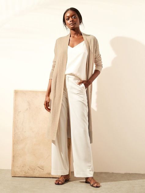 Petite Linen Blend Long Cardigan Sweater | Banana RepublicÂ® UK Duster Cardigan Outfit, Duster Outfit, Long Cardigan Sweater, Linen Cardigan, Spring Capsule Wardrobe, All White Outfit, Linen Casual, Cardigan Outfits, Long Sweaters Cardigan