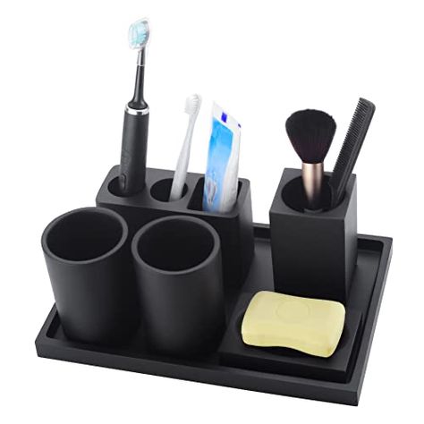 Makeup Brushes Holder, Black Bathroom Accessories Set, Matte Black Bathroom Accessories, Bathroom Tumbler, Toothbrush And Toothpaste Holder, Black Bathroom Accessories, Matte Black Bathroom, Resin Storage, Bathroom Accessories Set