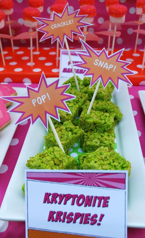 Superhero Theme Snacks, Superhero Snacks Parties Food, Superhero Treats, Superhero Snacks, Superhero Birthday Party Favors, Green Treats, Meghan Patrick, Superman Theme, Supergirl Party