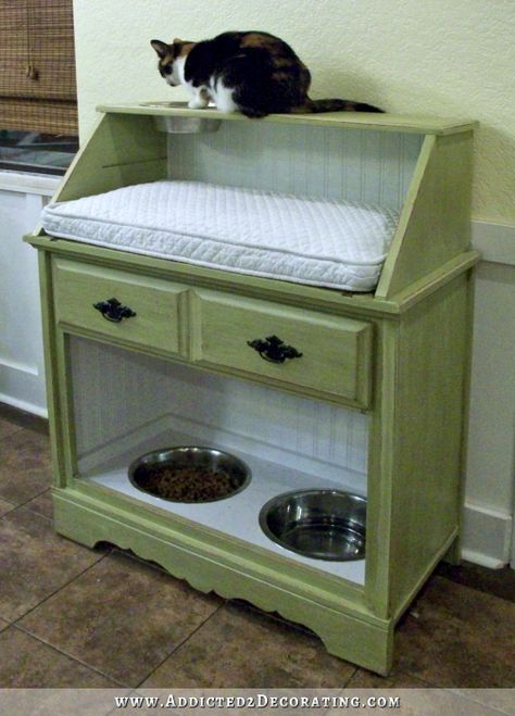 The dogs always try and steal the cat food so this is perfect! Doggie Sweaters, Pet Food Station, Pet Rooms, Doggie Beds, Cat Food Station, Kitty Ideas, Pet Station, Pet Feeding Station, Vintage Secretary