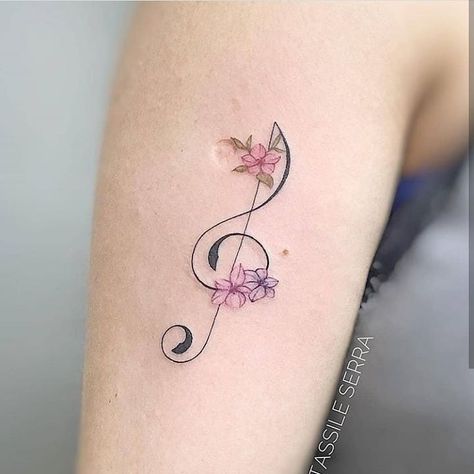 Music Note Flower Tattoo, Alto Clef Tattoo, Small Music Tattoos For Women, Music Flower Tattoo, Tattoo Nota Musical, Small Music Tattoos, Word Tattoo Ideas, Pretty Flower Tattoos, P Tattoo