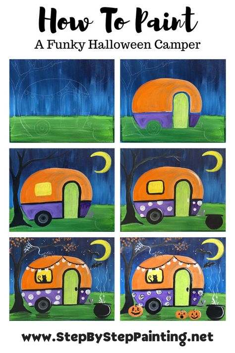 Halloween Vintage Camper Painting Camper Painting, Halloween Art Ideas, Halloween Art Drawing, Halloween Canvas Paintings, Halloween Canvas Art, Painting Gold Leaf, Fall Canvas Painting, Fall Canvas, Canvas Painting Tutorials