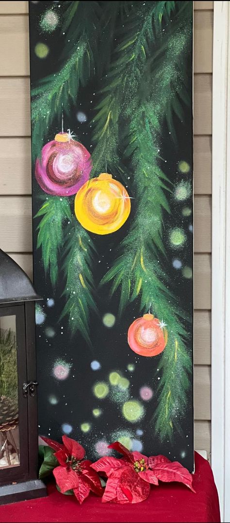 Black Canvas Christmas Painting, Stocking Painting Ideas, Holiday Paintings On Canvas, Paint And Sip Ideas, Xmas Art, Craft Cupboard, Black Canvas Paintings, Screen Painting, Paint Night