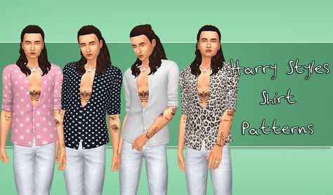 Harry Styles Clothes, Sims 4 Men Clothing, Male Sims, Harry Styles Shirt, Harry Styles Tattoos, Clothing Male, Sims 4 Mm Cc, Patterned Shirts, Sims 4 Mm