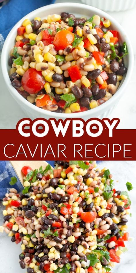 Texas Caviar or Cowboy Caviar can be served as a dip, side dish, or topping. Made with beans, corn, veggies and a light lime dressing. This easy, colorful recipe can be made in about 10 minutes. Cowboy Caviar Dressing, Cowboy Caviar With Italian Dressing, Caviar Cowboy, Bacon Wrapped Water Chestnuts, Texas Caviar, Caviar Recipes, Cowboy Caviar, Sausage Balls, Water Chestnuts