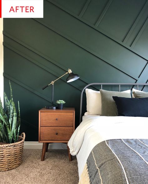 Before and After: This Bedroom Has a Smart Strategy for Wall-to-Wall Carpet | Apartment Therapy Green Bedroom Walls, Green Accent Walls, Green Walls, Bedroom Idea, Bohemian Bedroom Decor, Trendy Bedroom, Green Rooms, Bedroom Green, Remodel Bedroom