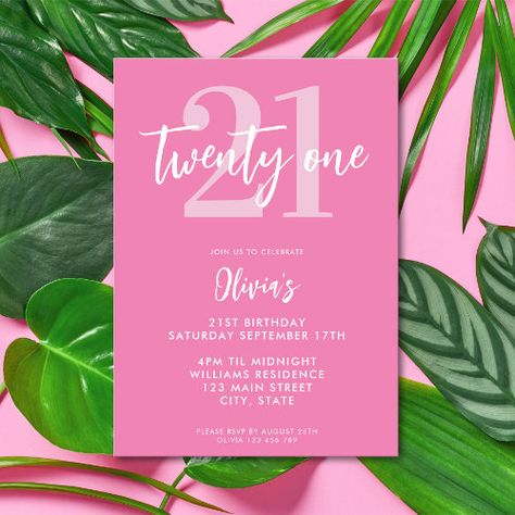 $2.92 | Modern Pink Elegant 21st Birthday | Birthday Invitations | 21st birthday, modern, elegant, 21st, simple, chic, minimalist, birthday invitation, pink, typography Pink Theme Party Invitations, 21 St Birthday Invitations, Pink Party Invitation Template, 21 Invitations Design, Zazzle Invitations Birthday, 21 Birthday Invitations, Bday Invite Template, Pink Party Invitations, Elegant 21st Birthday