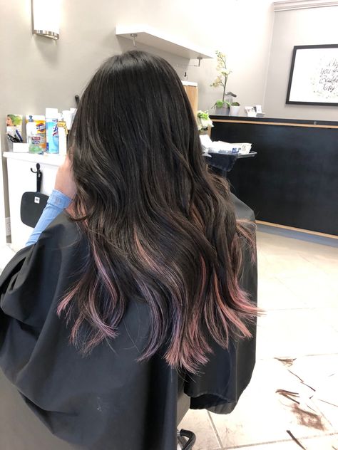 Dark Pink Streaks In Black Hair, Black And Pink Hair Asian, Pink Pieces In Brown Hair, Light Pink Balayage Black Hair, Pastel Pink Highlights In Black Hair, Black Hair Ends Dyed, Black Hair Light Pink Highlights, Light Pink Streaks In Black Hair, Pink Hair Highlights On Black Hair