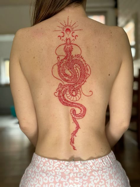 Chinese Dragon Tattoos On Back, Dragon Spine Tattoo With Flowers, Two Dragon Back Tattoo, Red Line Dragon Tattoo, Back Tattoo Women Spine Dragon, Dragon Back Tattoo For Women, Dragon Tattoos On Back, Chinese Dragon Tattoos Men, Asian Dragon Tattoo For Women