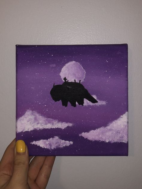 appa painting in purple moonlight Atla Painting Canvas, Appa Silhouette, Avatar The Last Airbender Canvas Art, Avatar Painting Ideas, Atla Painting Ideas, Avatar The Last Airbender Painting Ideas, Avatar Canvas Painting, Acotar Painting Ideas Easy, Appa Painting