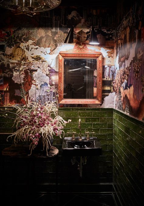 Renovating House, Ken Fulk, Dark Green Bathrooms, Southern Colonial, Moroccan Restaurant, Green Tile Bathroom, Wallpaper And Tiles, Restaurant Bathroom, With Wallpaper