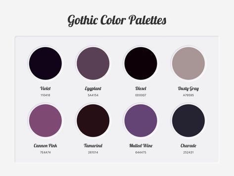 Gothic Color Palettes designed by ColorscoutsColor PalettesConnect with them on Dribbblethe global community for designers and creative professionals. Gothic Colors Palette, Black Hair Pallete Color, Vampire Skin Color Palette, Goth Aesthetic Color Palette, Gothic Palette Color, Villian Color Pallet, Gothic Pallete Color, Wednesday Addams Color Palette, Gothic Color Pallete