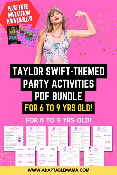 Want a Swiftie-themed birthday party for your kid? Check out these Taylor Swift-themed birthday party program and activity printables!

This editable bundle includes 4 games, a birthday program plus a FREE invitation printable! Get it today! Taylor Swift Trivia Printable, Taylor Swift Party Games Kids, Taylor Swift Birthday Party Activities, Taylor Swift Party Games, Taylor Swift Activities, Birthday Party Program, Taylor Swift Printable, Taylor Swift Birthday Invitations, Taylor Swift Themed Party