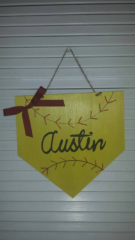 Hand painted custom personalized home plate wood by TouchedByToby Softball Door Hanger, Softball Wreath, Softball Decorations, Sport Decor, Wood Door Hanger, Wooden Door Hanger, Home Plate, Summer Door Hanger, Wooden Door Hangers