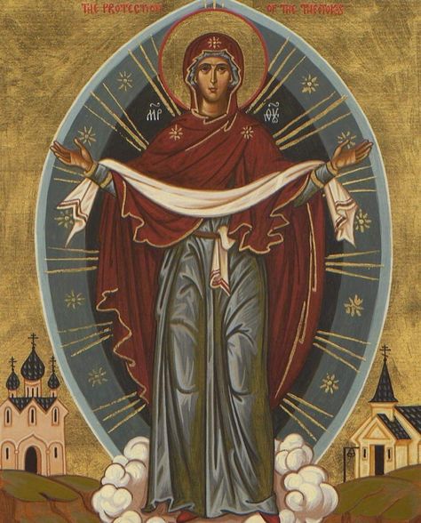 Icon of "The Holy Protection" of the Theotokos Paint Icon, Orthodox Christian Icons, Mother Of God, Blessed Mother Mary, Eastern Orthodox, Byzantine Icons, The Virgin Mary, Holy Cross, Religious Icons