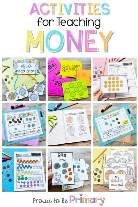 A guide to teaching money and coins in kindergarten, grade 1, and grade 2: Find lesson ideas, hands-on math activities, tools and manipulatives, math games, math centers, and children's books to make your lessons effective and fun in the classroom. Kids in kinder, first grade, and second grade will enjoy learning how to identify coins, count money, and develop financial literacy. Grab a free copy of the printable coin sorting mat for school or homeschool! Money Games For Kids, Money Kindergarten, Financial Literacy Activities, Coin Sorting, Learning Money, Financial Literacy Lessons, Teaching Money, Money Activities, Money Math