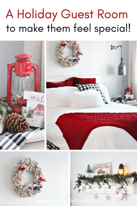 A pretty Christmas guest room for the holidays, that will make your guests feel welcome and special. Christmas Guest Welcome Basket, Christmas Guest Room Decor, Guest Room Christmas Decor, Guest Bedroom Christmas, Living Room Ideas Christmas, Room Ideas Christmas, Christmas Guest Bedroom, Holiday Guest Room, Christmas Guest Room