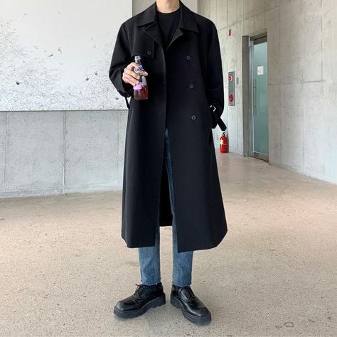 Men Oversized Fashion, Black Trench Coat Men, Casual Trench Coat, Long Coat Men, Streetwear Korean, Mens Overcoat, Black Trench Coat, Windbreaker Jacket Mens, Trench Coat Men