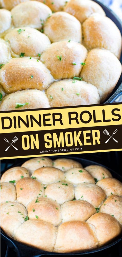 Dinner Rolls on Smoker, smoked cooking, side dishes for dinner, bread recipe Pellet Grill Bread Recipes, Bread In Smoker, Traeger Christmas Recipes, Bread On The Smoker, Smoker Bread Recipes, Smoker Bread, Traeger Sides, Smoker Sides Dishes, Smoked Dinner