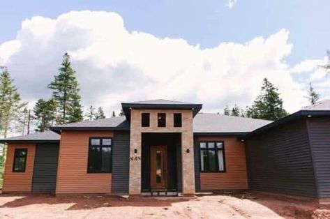 Burnt orange & black exterior with stone accents and black windows Orange House Exterior, Orange House, Black Windows, Black Exterior, Modern Exterior, House Inspo, House Colors, Burnt Orange, Orange Black