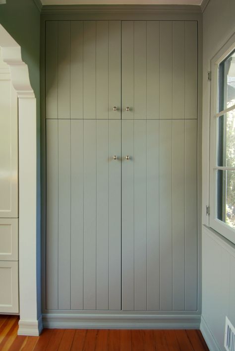 Existing back mudroom with new plaster opening with corbels, new v-groove pantry cabinet V Groove Cabinet Doors, V Groove Cabinets, V Groove Kitchen Cabinets, No Baseboards, Herringbone Brick Floor, Pantry Door Ideas, Heights House, House Laundry Room, Mudroom Cabinets