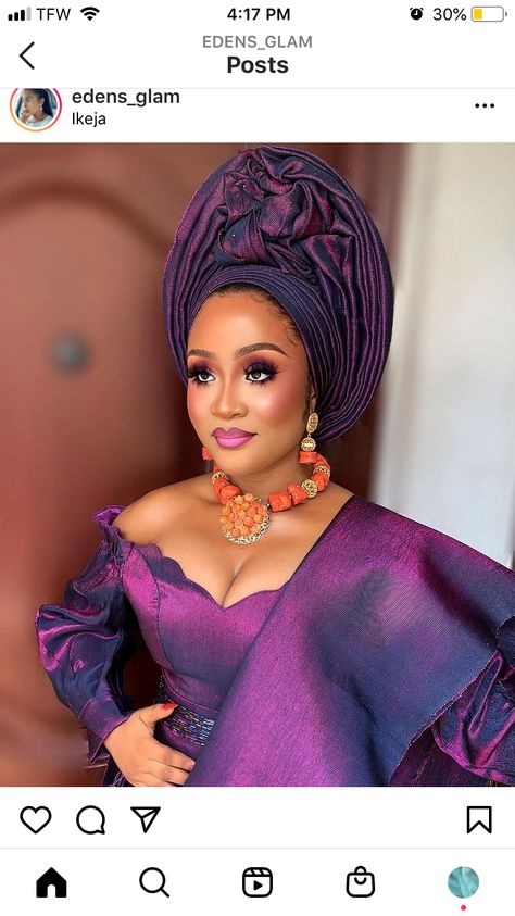 Purple Aso Oke Styles Traditional Weddings, Nigerian Tattoo, Aso Oke Styles Traditional Weddings, Purple Aso Oke, Aso Oke Styles, Wedding Asoebi, Gele Styles, Saved Videos, Couples African Outfits