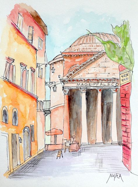 Rome Watercolor, Rome Poster, Rome Painting, Pen Artwork, Pantheon Rome, Watercolor And Pen, Dorm Stuff, Rome Art, Rome City