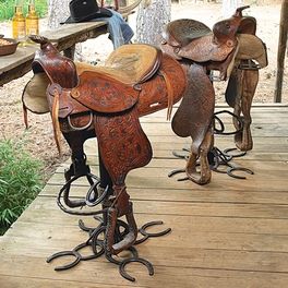 Bar Stools Western Bar Stools, Western Bar, Saddle Bar Stools, Saddle Chair, Black Forest Decor, Horseshoe Decor, Saddle Stools, Western Rustic, Rustic Bar