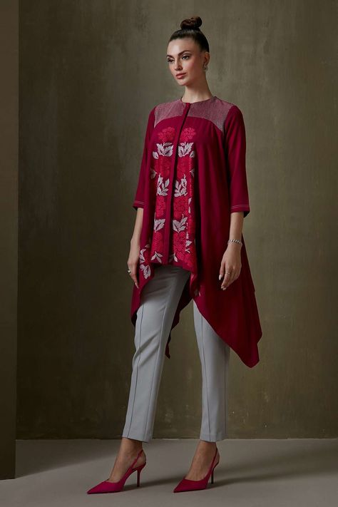 Global Aesthetic, Asymmetric Tunic, Tunics Online, Embroidered Motifs, Color Magenta, Luxury Sale, Indian Suits, Asymmetrical Hem, Womens Tunics