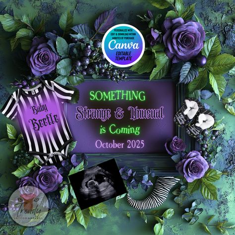 Customize your very own unique and spooky pregnancy announcement with Trendy Custom Apparel. This digital customizable template is perfect for expecting parents who want to share their exciting news in a fun and memorable way. With our easy-to-use Canva platform, you can personalize the colors, fonts, baby's last name, due date, and even add a sonogram image. Within minutes, you'll have a completed announcement ready to share with all your loved ones on social media. Choose between two editing options: take control and edit it yourself for instant download, or sit back and let us do the work for you. Either way, you'll receive a high-quality, fully customized image that will leave everyone impressed. Don't wait - purchase your Beetlejuice Themed Pregnancy Announcement today and start sprea Gothic Baby Announcement, Pregnancy Announcement Template, Gothic Baby, Digital Pregnancy Announcement, Triplet Babies, Baby Announcements, Expecting Parents, Due Date, Custom Apparel