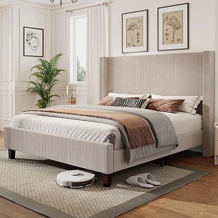 Amazon.com: YUMPIE Queen Size Upholstered Platform Bed Frame, 50.8" Corduroy Bed Frame with Wingback Headboard Vertical Tufted, Solid Wood Legs, No Box Spring Needed, Taupe : Home & Kitchen Taupe Bed Frame, Bedroom Inspirations Black Bedframe, Grey Upholstered Bed Decor, Amazon Bed Frame, Large Master Bedrooms Decor, Cream Bed Frame, Modern King Bed Frame, Beige Bed Frame, Tall Bed Frame